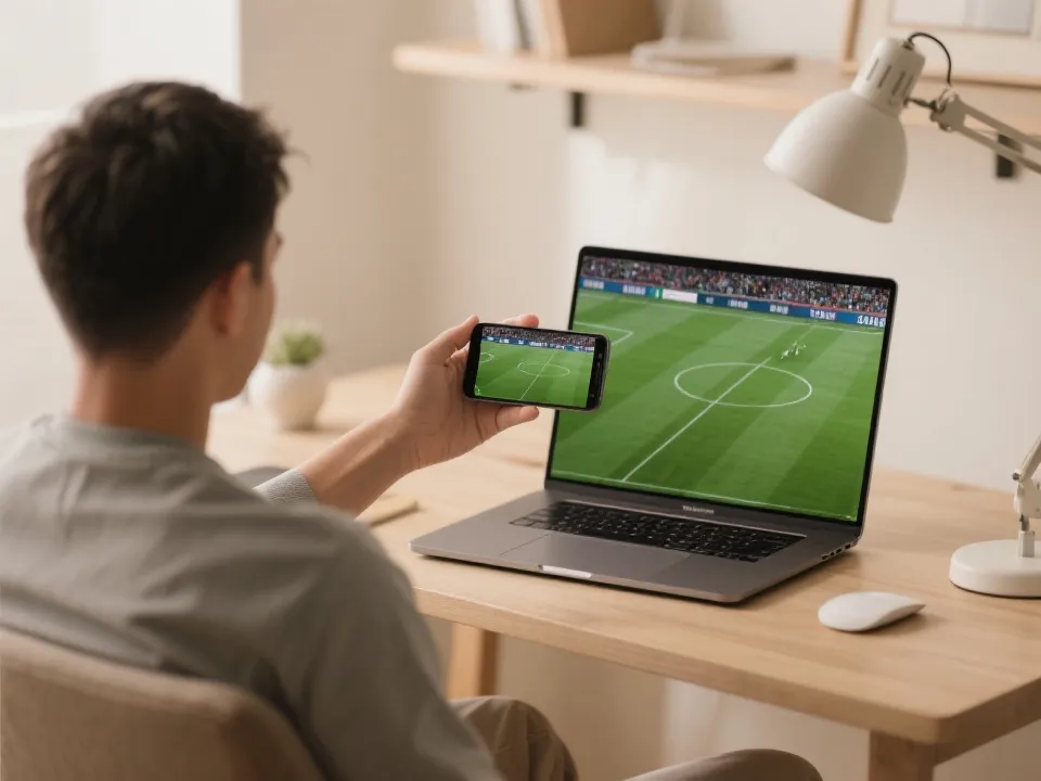在手机与电脑上观看足球比赛直播的示意图