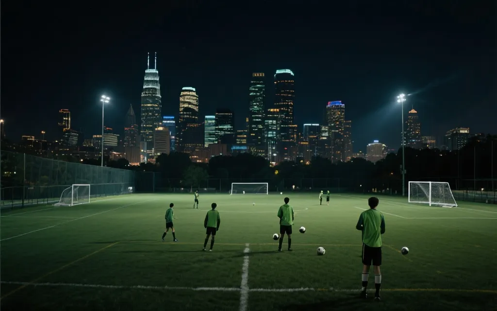 北美城市夜景与足球训练场叠加的概念画面，象征世界杯后产业与青训长期生长